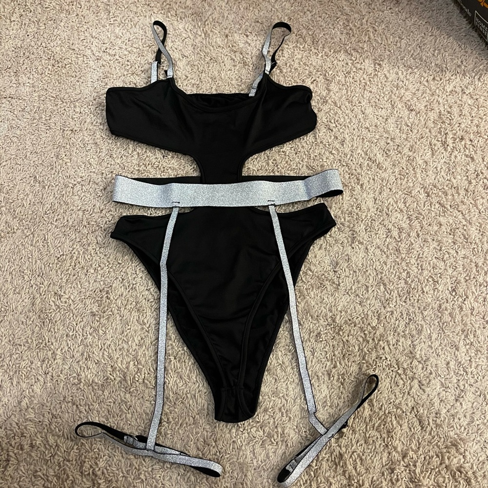 Black monokini with silver garter